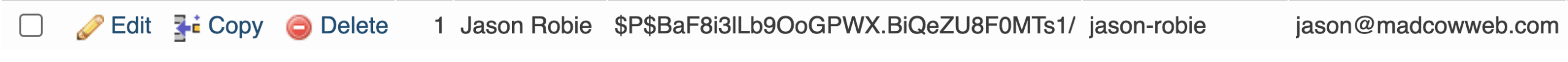 Screenshot of a user's details in a WordPress database